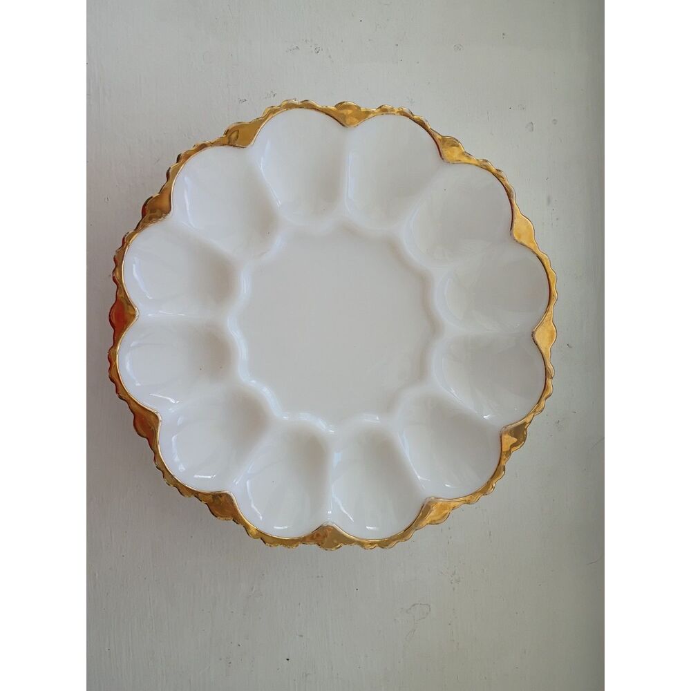 Vintage Anchor Hocking Milk Glass Egg Plate Gold Trim